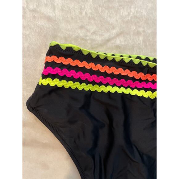 NWT POPVIL High Waisted Cut Cheeky Two Piece Swimsuit Medium Black Neon Shell - Picture 7 of 14